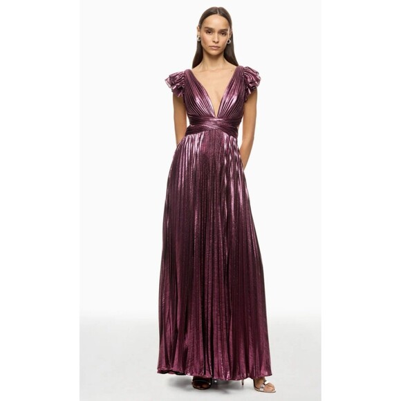 IEENA FOR MAC DUGGAL Pink Ruffle Sleeve Cutout Pleated Metallic Gown - Picture 1 of 13